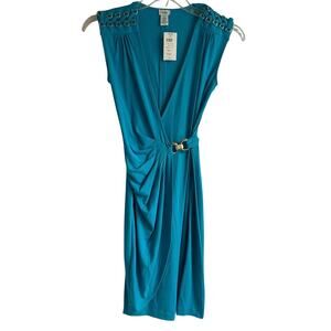 NEW Cache Small Faux Wrap Dress Knee Length V Neckline Silver Accents Turquoise
